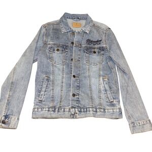 Milwaukee Denim Jacket | Womens Small | Rhinestone Saint or Sinner Back Graphic